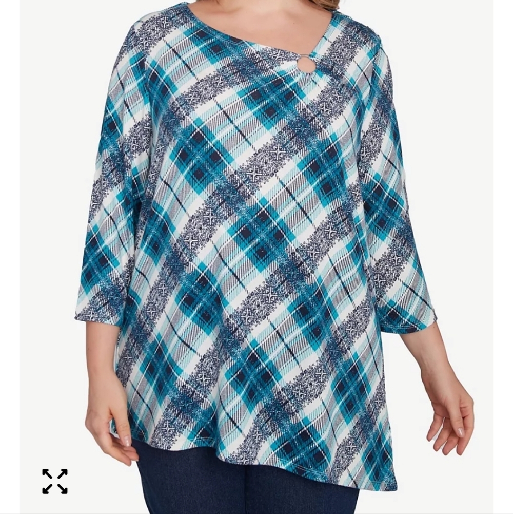 Ruby Rd. Plus Size Ring Neck Plaid Hatchi Knit Top Size 1X